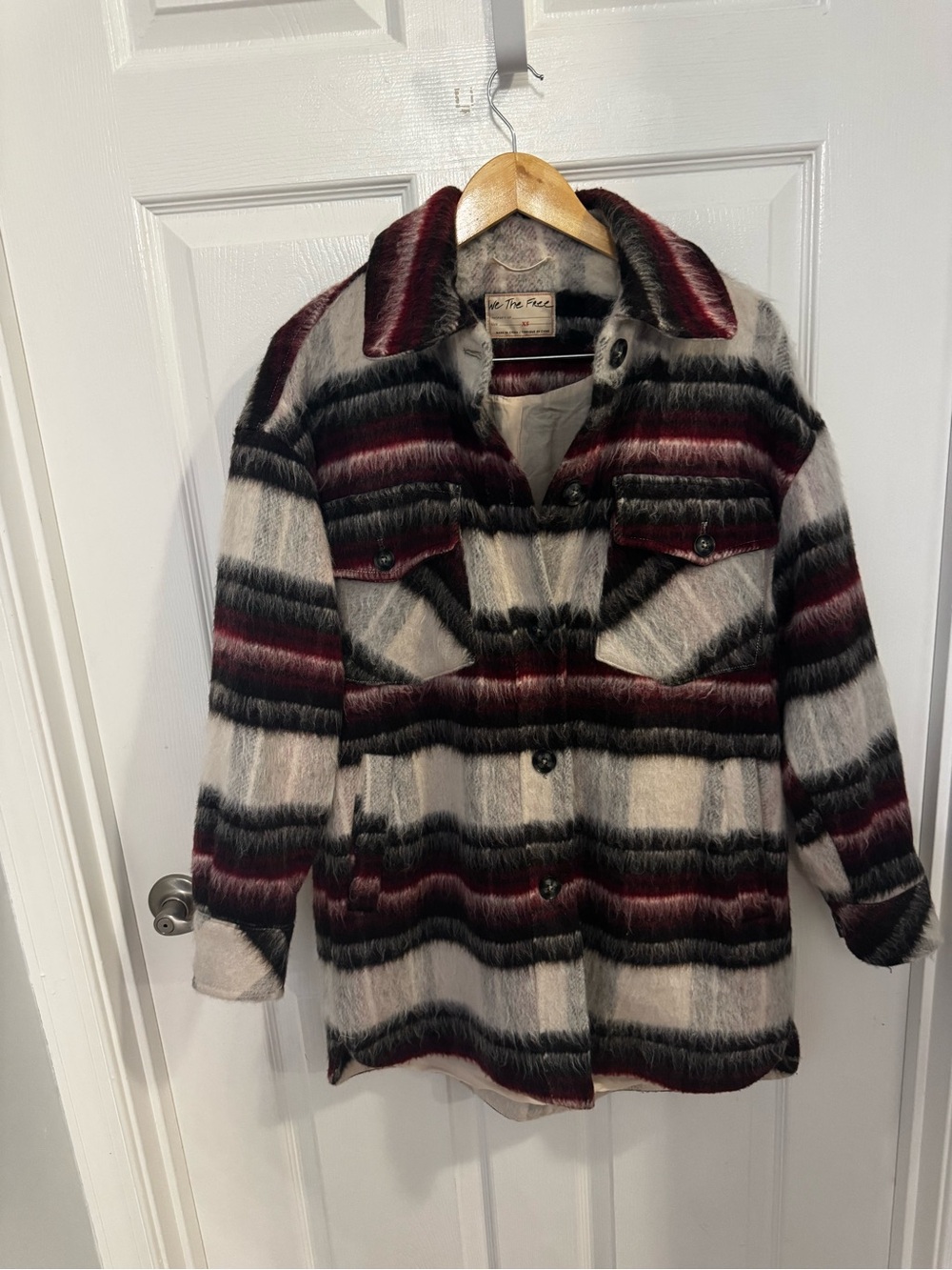 We The Free Plaid Utility Shacket in Burgundy, Black & Cream